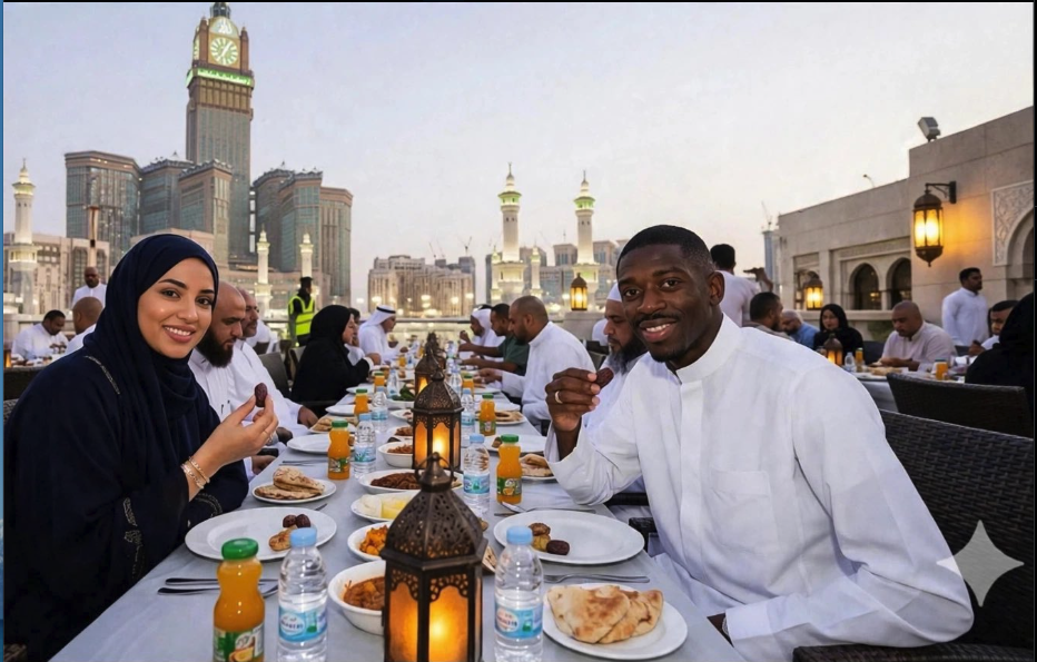 Three men resembling Ousmane Dembélé, Muhammad al-Arifi, and Heavy D seated at an outdoor iftar meal in Mecca.