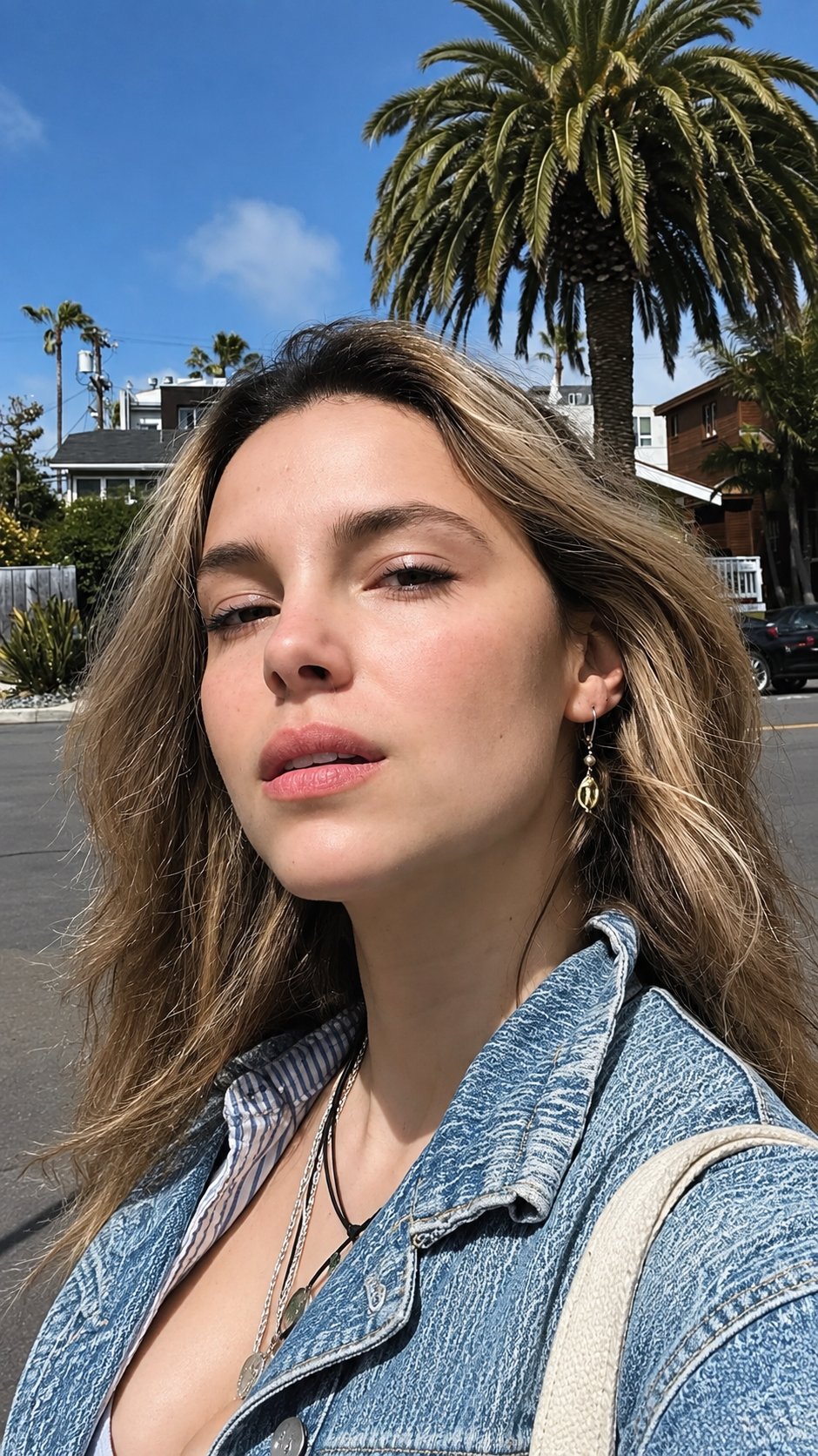 A woman resembling Inde Navarrette takes an outdoor selfie wearing a denim jacket, with a palm tree and houses behind her.