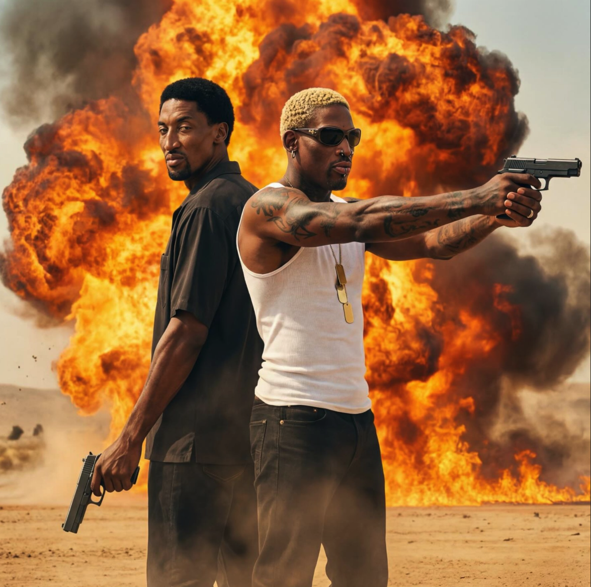 Two men resembling Dennis Rodman and Scottie Pippen in an action pose with a large fiery explosion behind them.
