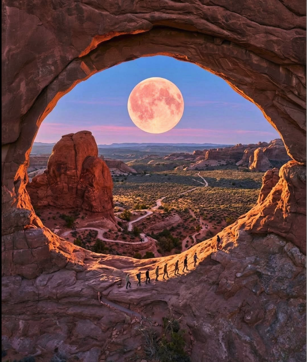 A view through a natural red sandstone arch of a desert valley at dusk, with a large full moon low in the sky.