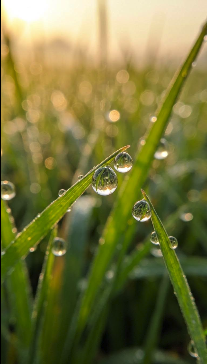 A close-up view of clear water droplets clinging to green grass blades, backlit by warm golden light.