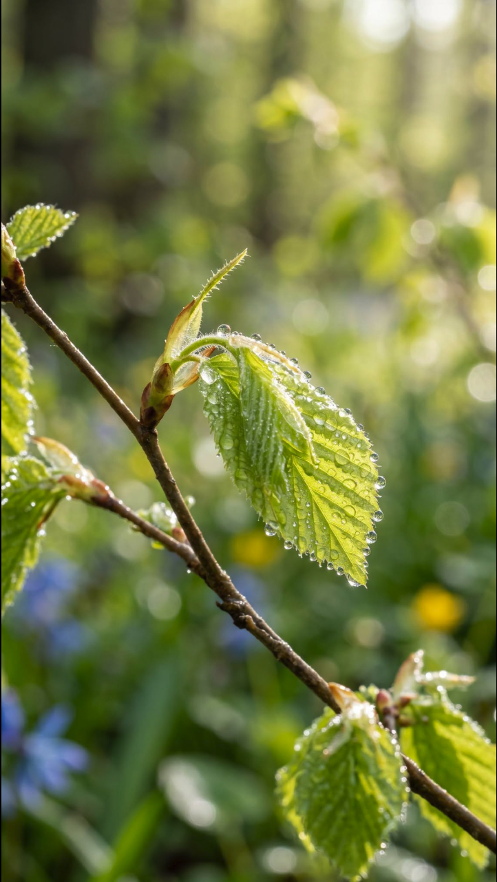 A close-up of young green leaves on a thin branch, covered in water droplets, against a blurred natural background.