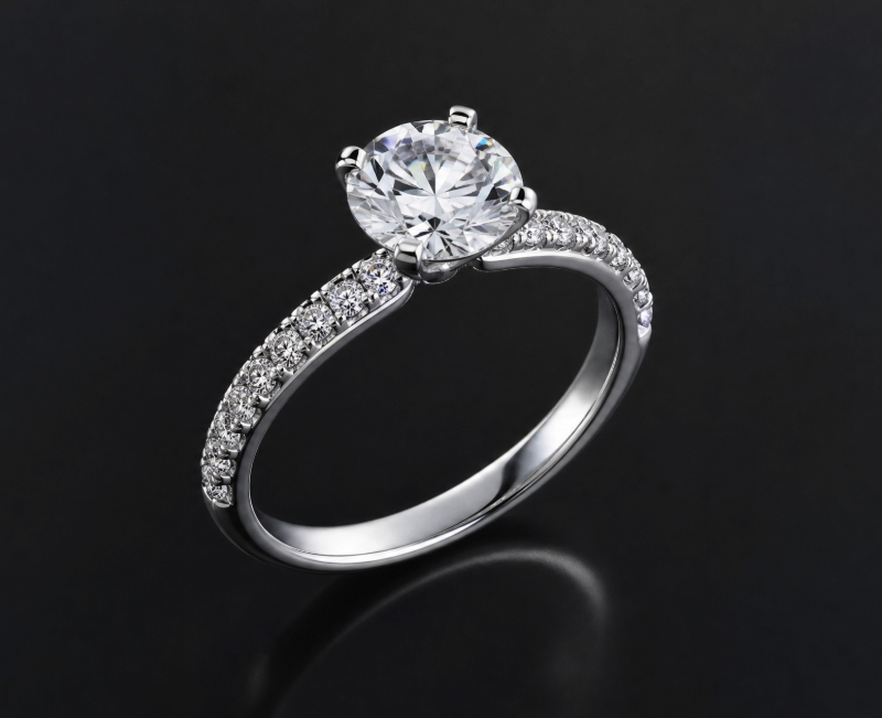 A round solitaire diamond engagement ring set in a white metal band accented with small diamonds along the shank, against a black background.