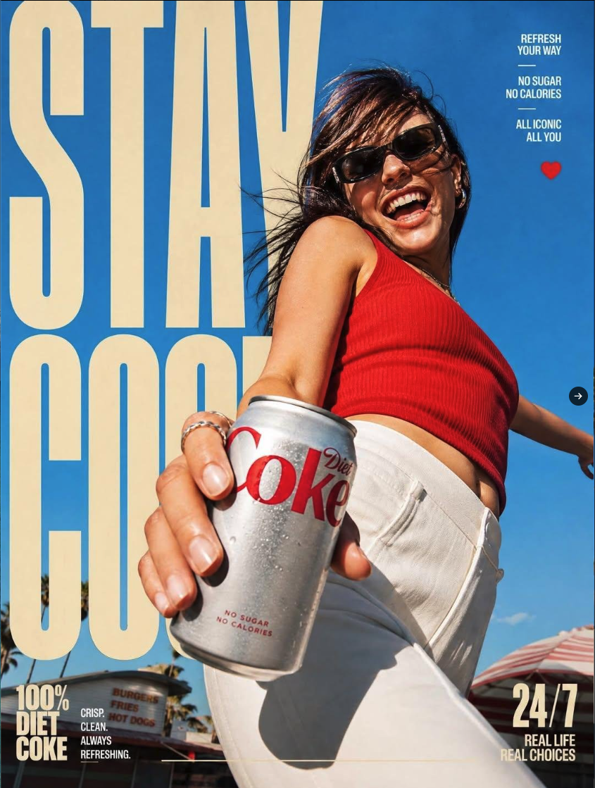 A woman in a red tank top, white pants, and dark sunglasses holding a Diet Coke can against a blue sky.
