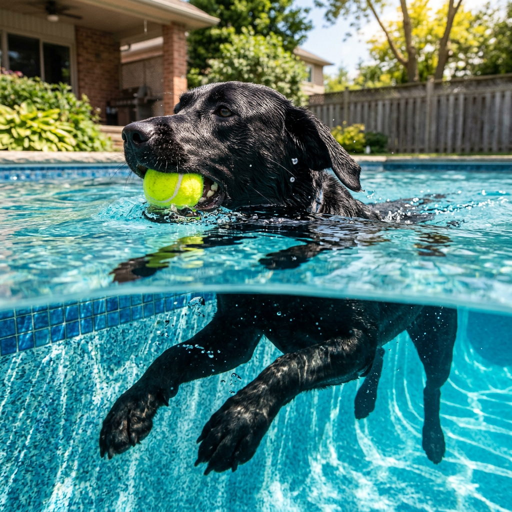 A black dog swimming underwater in a clear blue pool, holding two yellow tennis balls in its mouth.