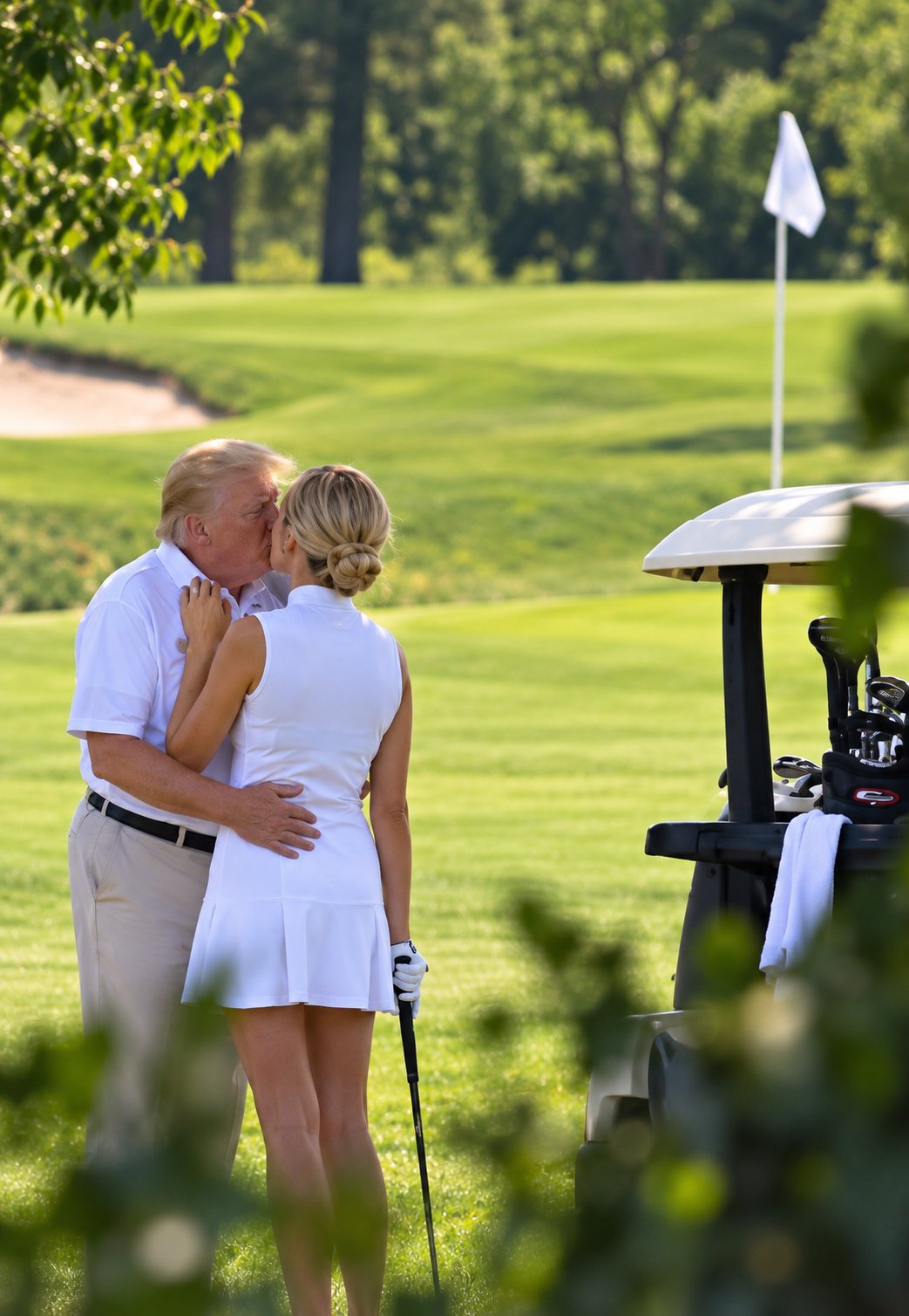 A man resembling Donald Trump embracing and kissing a woman in white on a golf course beside a golf cart and flag.