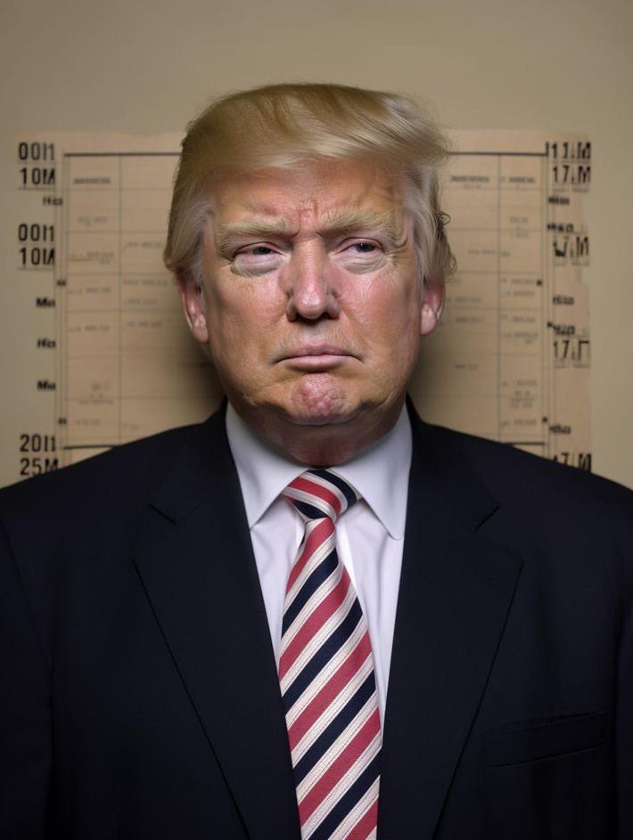 A man resembling Donald Trump in a dark suit and striped tie, photographed against a height chart backdrop.