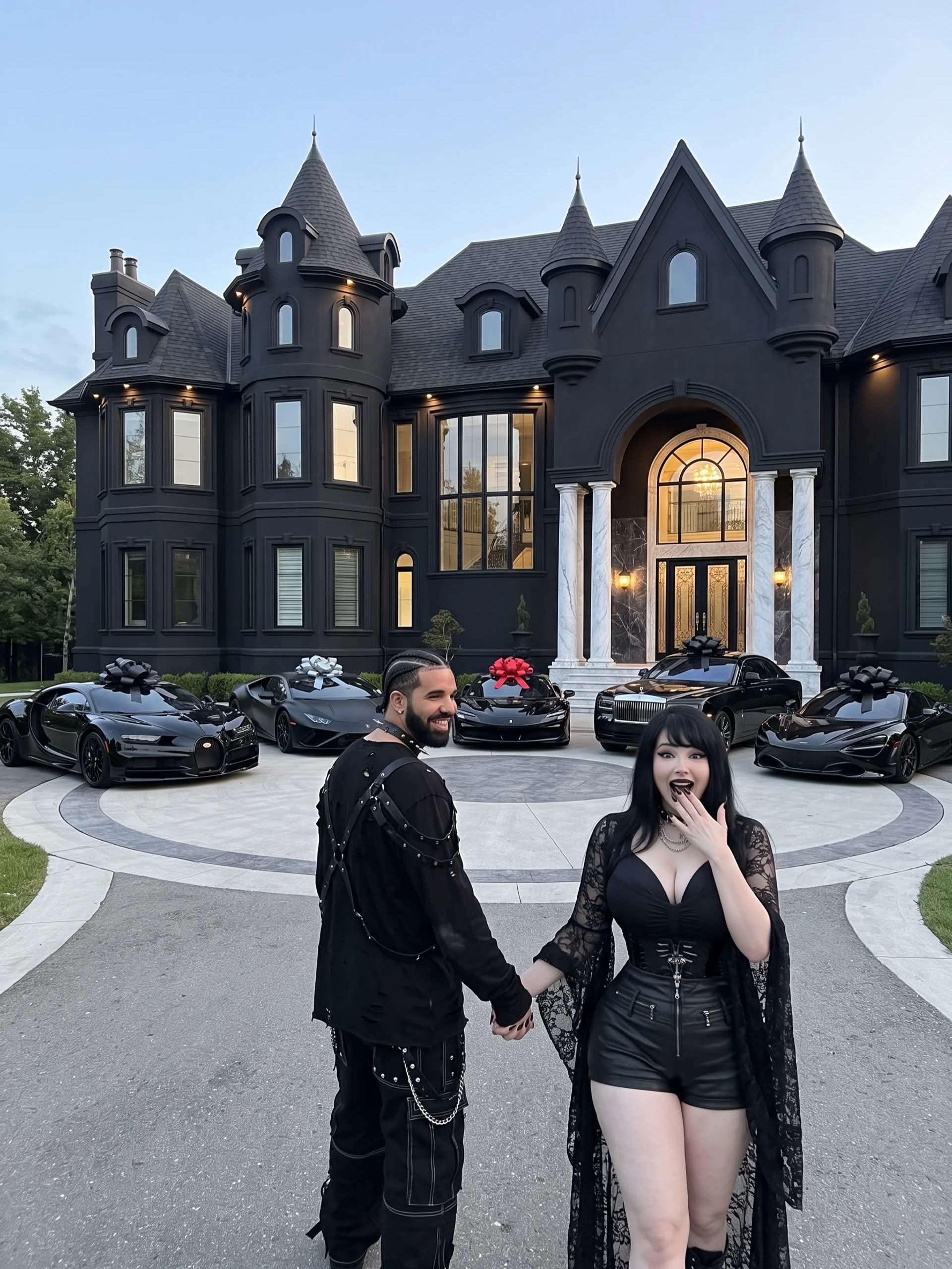 A man resembling Drake standing in front of a large black gothic-style mansion with Pinkchyu alongside several gift-wrapped luxury cars.