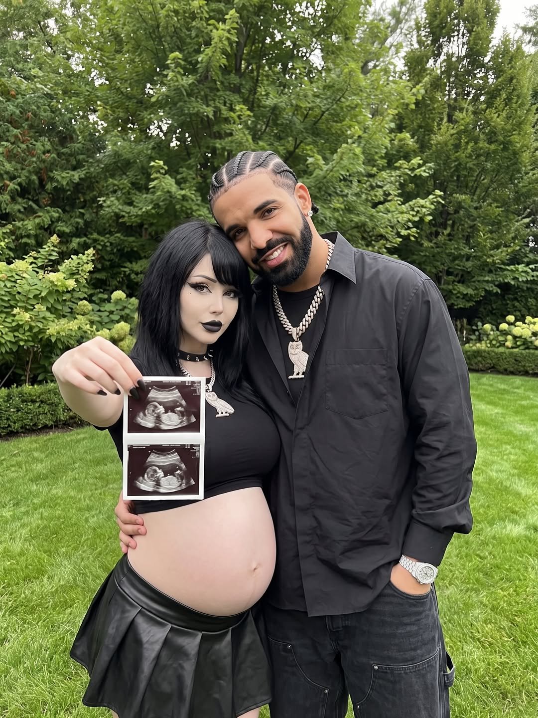 A man resembling Drake standing next to a pregnant Pinkchyu holding ultrasound photos outdoors.