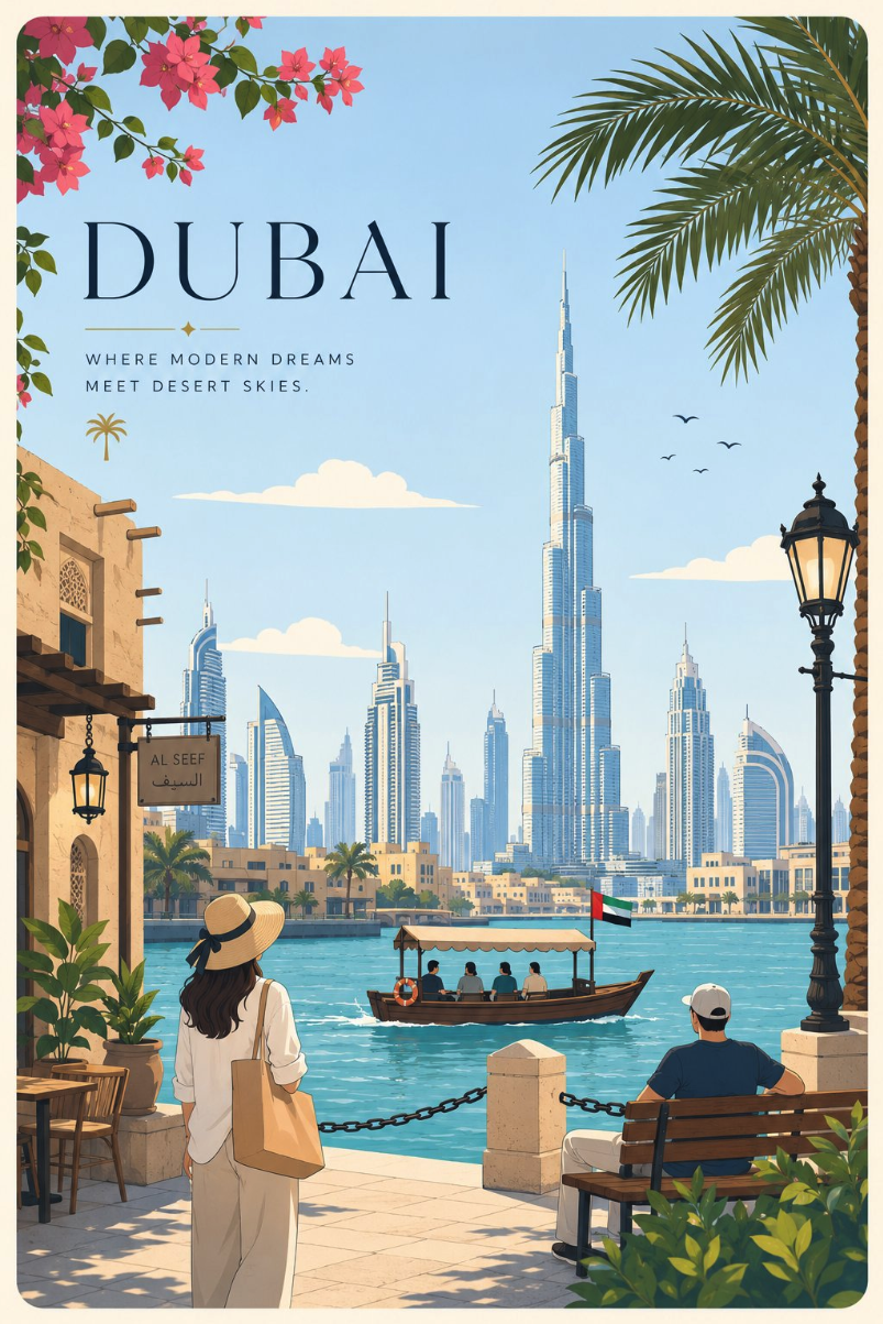 An illustrated travel poster showing a woman in a sun hat viewing the Dubai skyline with the Burj Khalifa, a waterfront abra boat, and the headline 'Dubai — Where Modern Dreams Meet Desert Skies.'