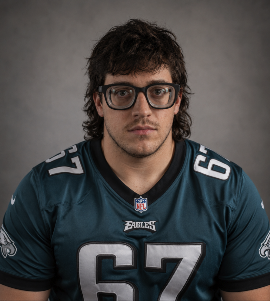 A man wearing a Philadelphia Eagles #67 jersey and dark-framed glasses in a studio headshot.