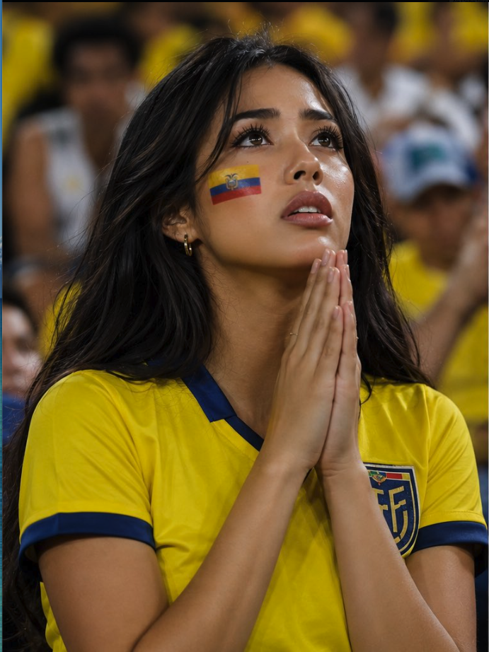 A woman with long dark hair wearing a yellow Ecuador jersey, with Ecuador flag face paint, hands clasped in a stadium.