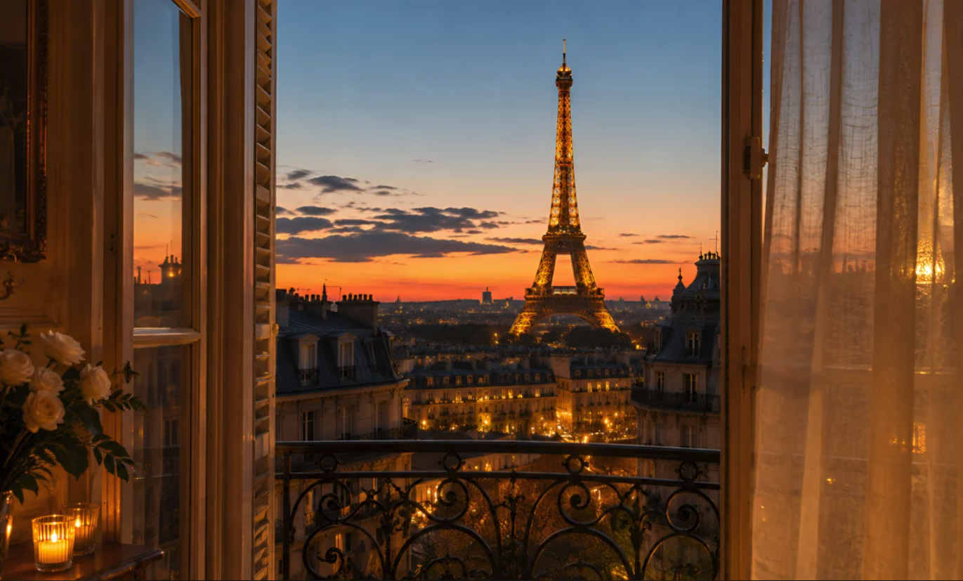 A view through open French doors of the illuminated Eiffel Tower at sunset, framed by a Juliet balcony, sheer curtains, and lit candles.