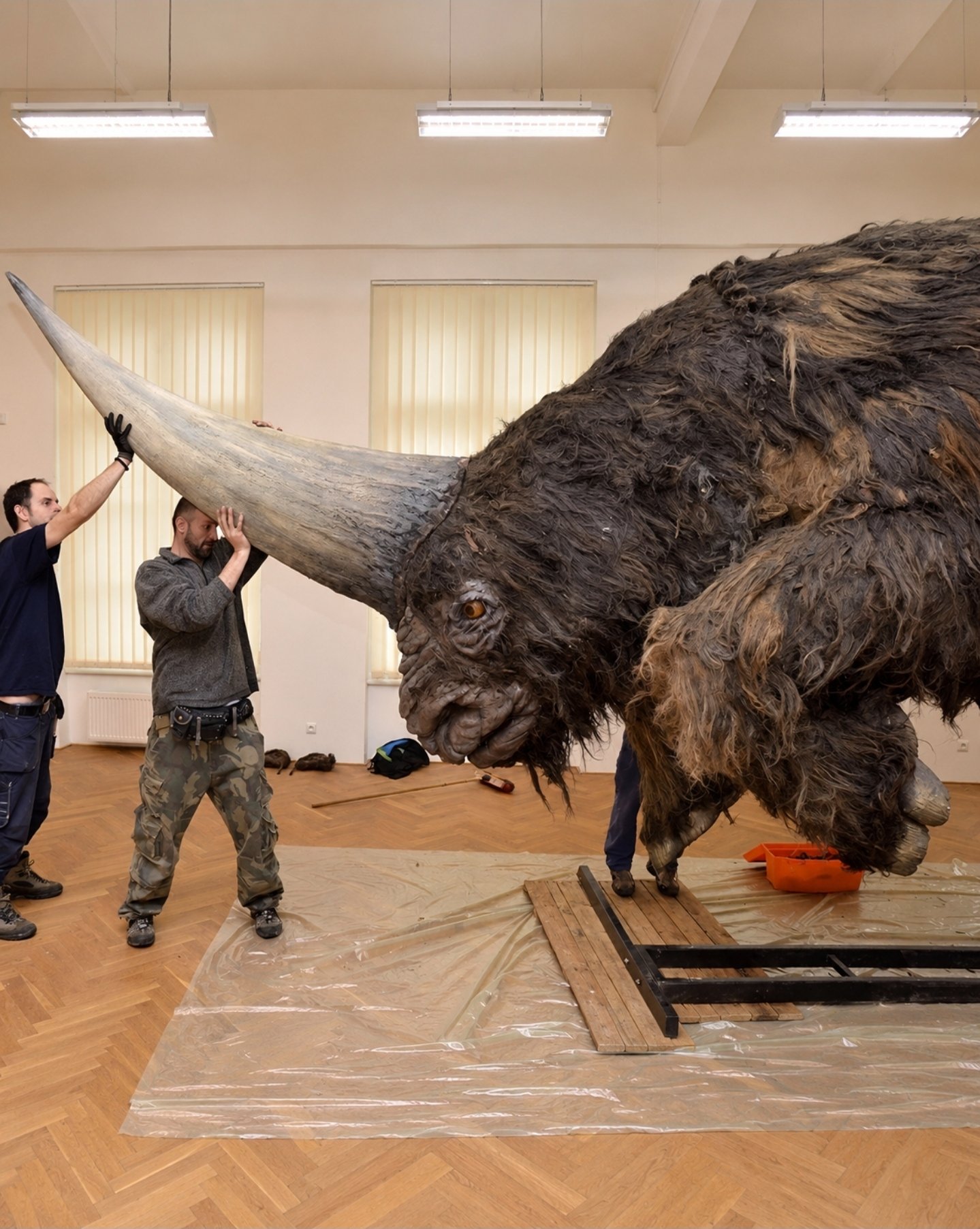 A large furry prehistoric rhinoceros model with an enormous horn, with two handlers positioning it on a wooden frame in a workshop.