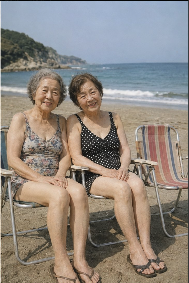 Two elderly women seated on beach chairs on a sandy shore, smiling at the camera, with the ocean and rocky cliffs behind them.