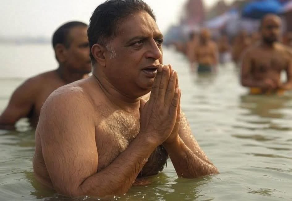 A man resembling Elon Musk standing chest-deep in water with hands pressed together in prayer.