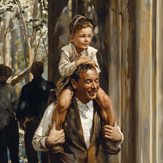 A painting-style image appearing to show a man resembling Elon Musk with a young boy on his shoulders outdoors.
