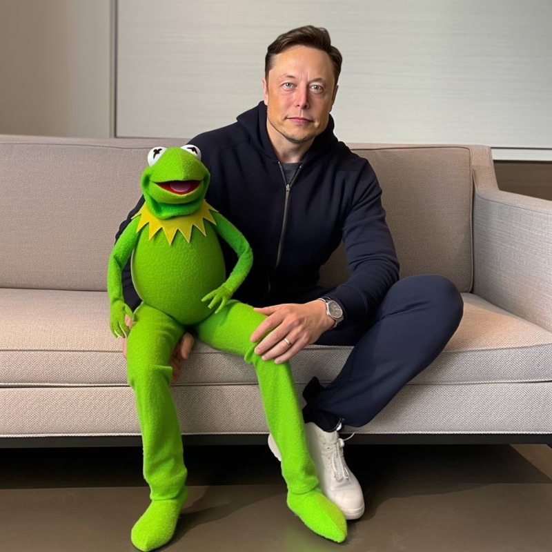 A man resembling Elon Musk seated on a beige couch beside a green Kermit the Frog plush.