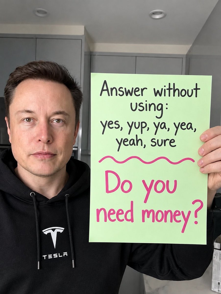 AI Elon Musk wearing a black Tesla hoodie and holding a green sign with text about needing money.