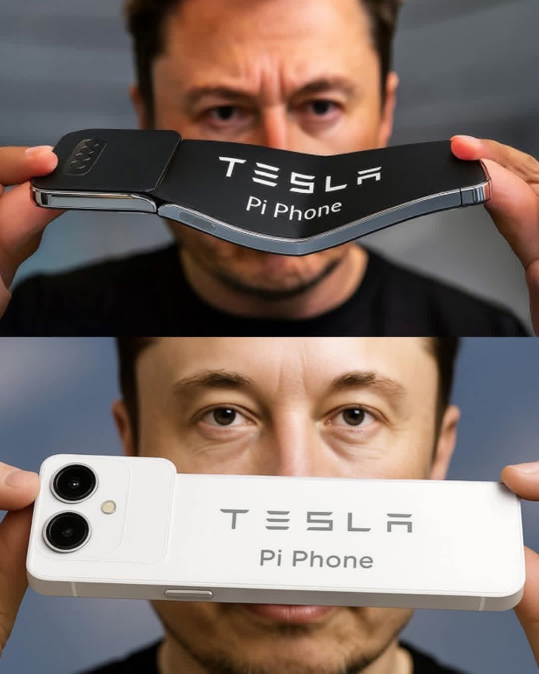 A man resembling Elon Musk holding a smartphone labeled 'Tesla Pi Phone' up to his face in a two-panel image.