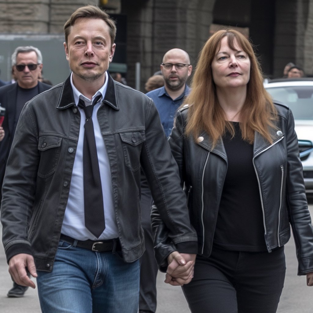 A man resembling Elon Musk walking hand-in-hand with a woman in a black leather jacket on a city street.