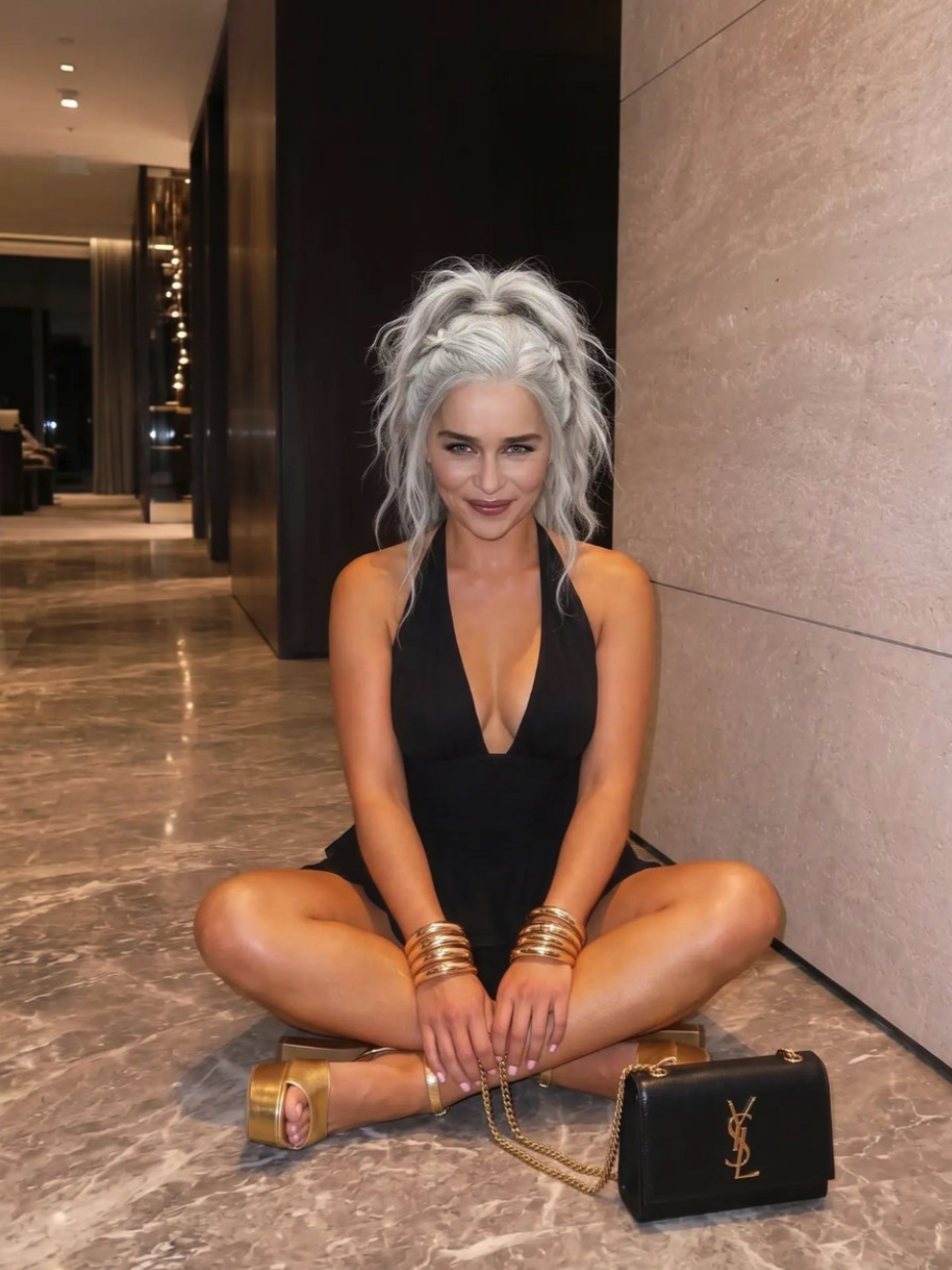 A woman resembling Emilia Clarke seated cross-legged on a marble floor in a black halter dress beside a black YSL handbag.
