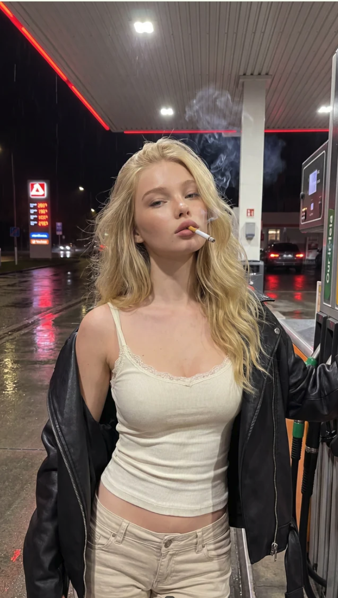 A blonde woman smoking a cigarette at a gas station at night.
