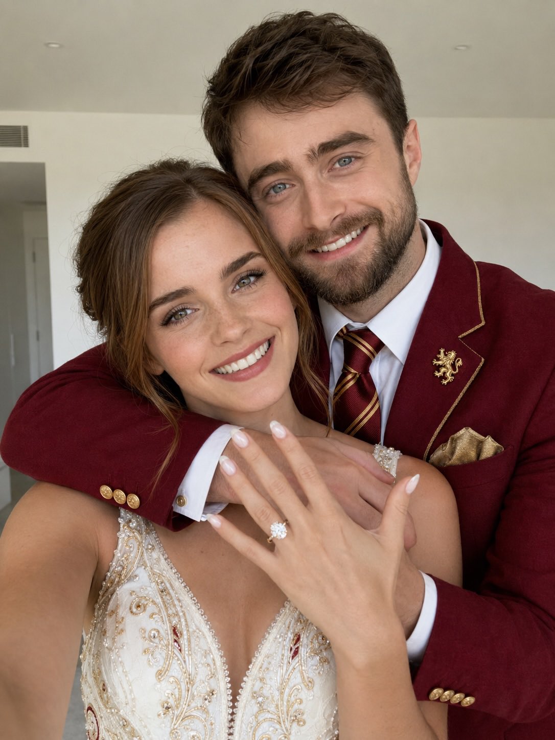 A woman resembling Emma Watson in an embroidered white gown embraced by a man resembling Daniel Radcliffe in a maroon suit, displaying an engagement ring.