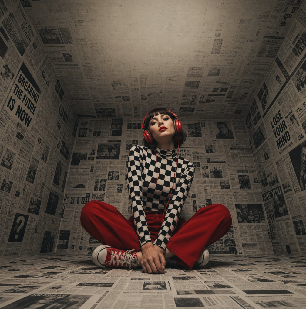 A woman resembling Ena Kadić seated cross-legged on a newspaper-covered floor, wearing red headphones, a black and white checkered top, and red pants.