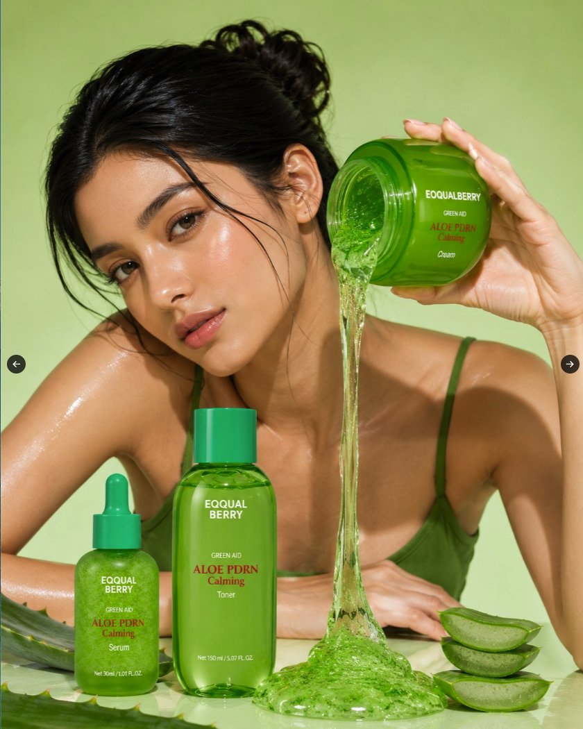 An unidentified woman pouring green gel from an Equalberry jar alongside matching Equalberry Aloe PDRN skincare bottles.