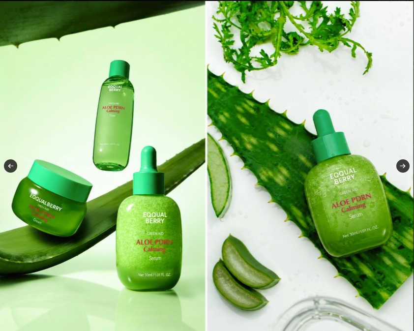 A two-panel product image showing green EQUALBERRY Green Aid Aloe PDRN Calming Serum bottles arranged with aloe vera leaves.