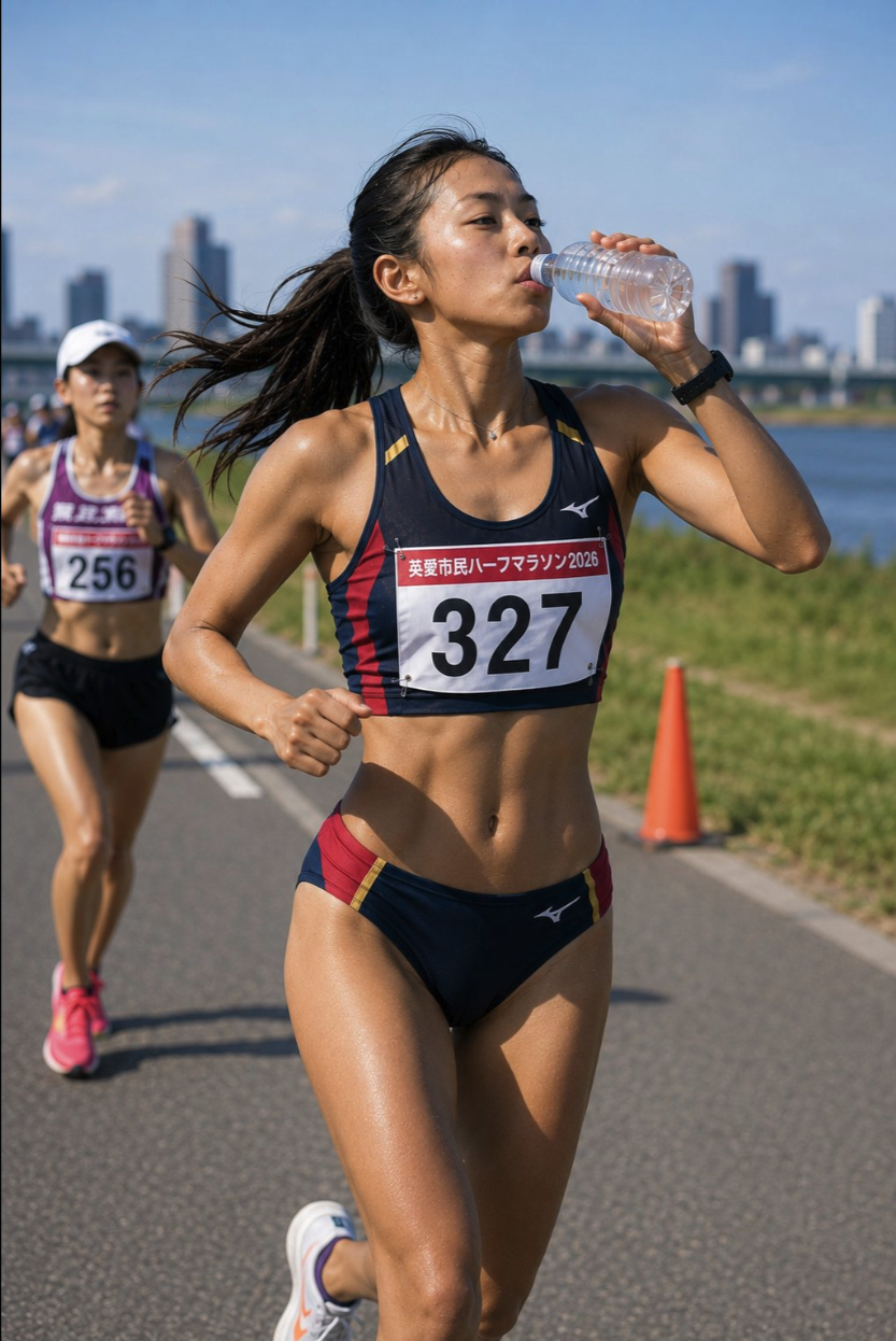 Two women running in a half marathon on a waterfront road.