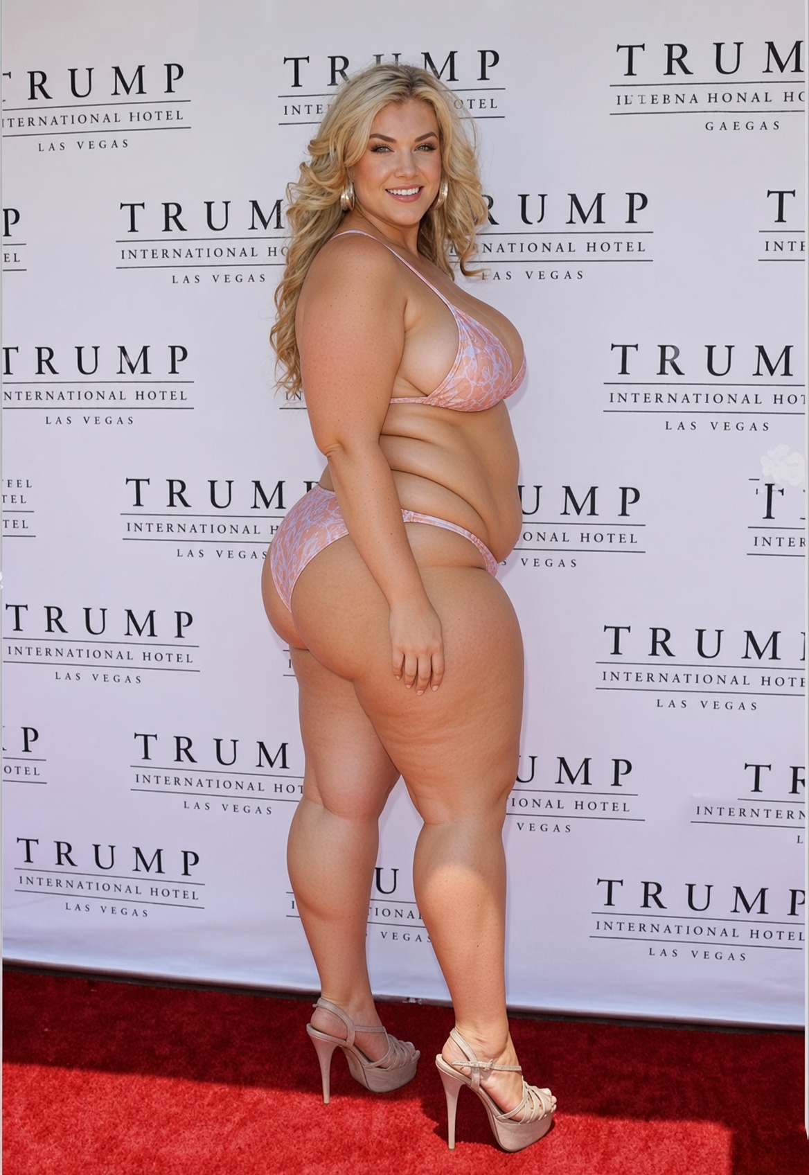 A woman resembling Erika Kirk posing in a pink bikini on a red carpet in front of a Trump International Hotel Las Vegas backdrop.