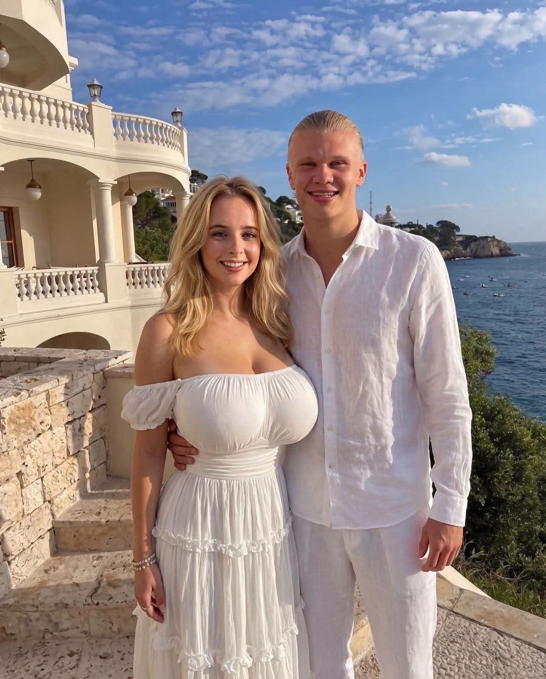 A man resembling Erling Haaland standing beside a blonde woman in a white dress at a Mediterranean coastal villa.