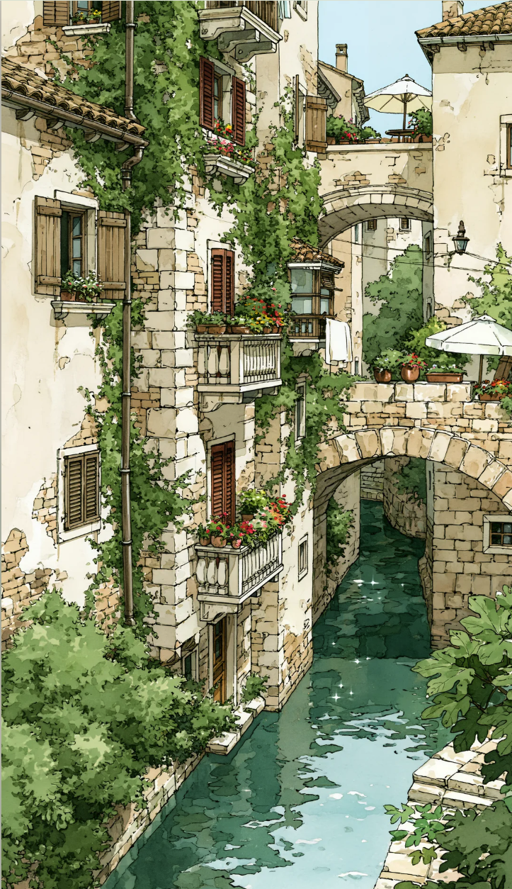 An illustrated scene of stone buildings alongside a narrow canal, with flower-covered balconies, ivy, wooden shutters, and a stone archway.