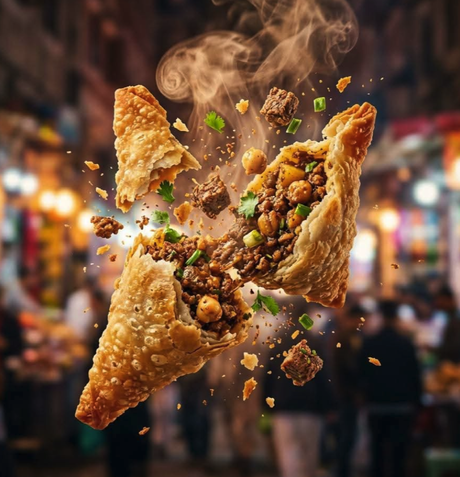 A golden-brown empanada splitting apart mid-air with savory filling and steam flying outward against a blurred market background.