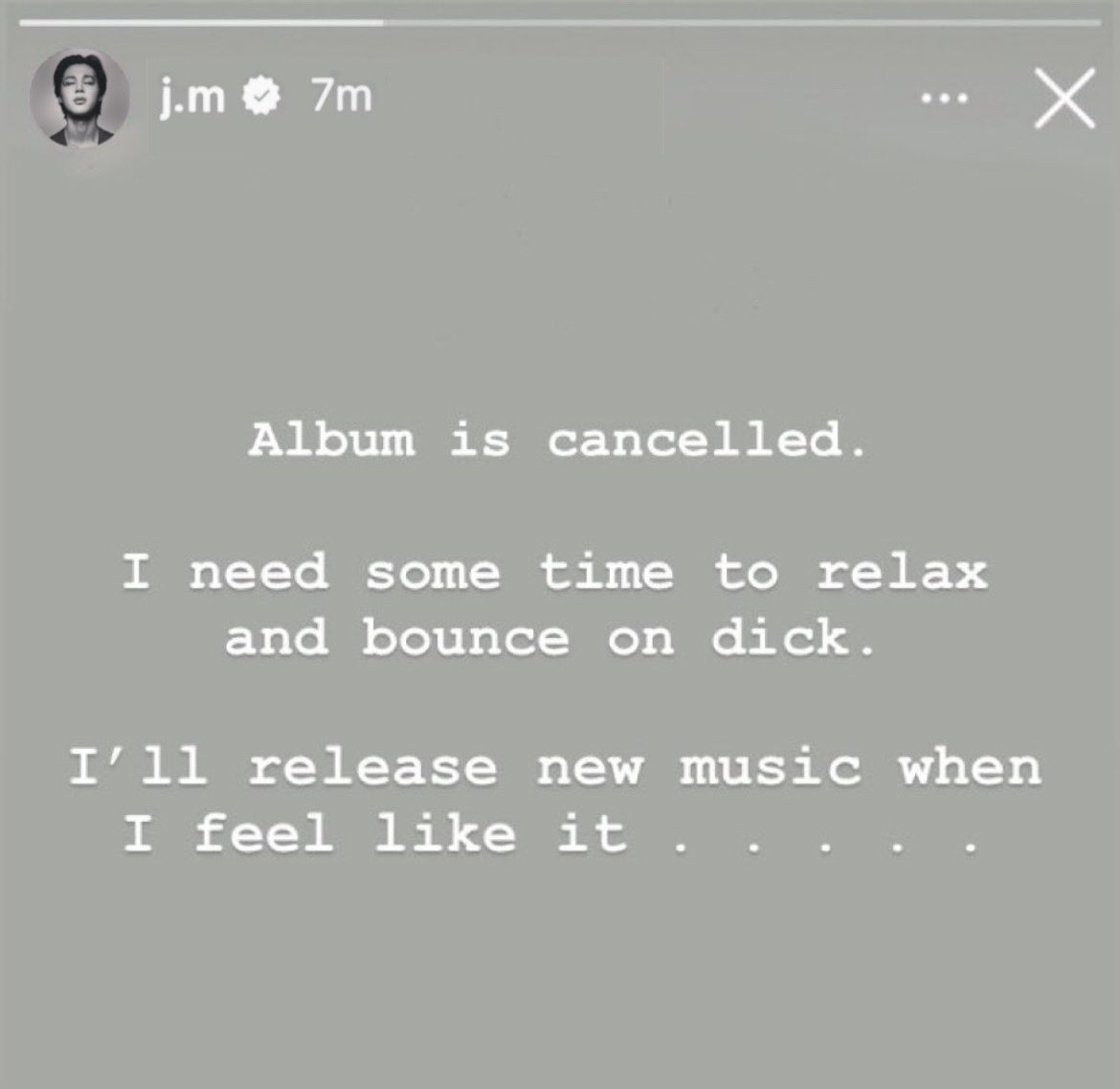 A screenshot appearing to show a social media post attributed to Park Jimin, with text stating that his album is cancelled.