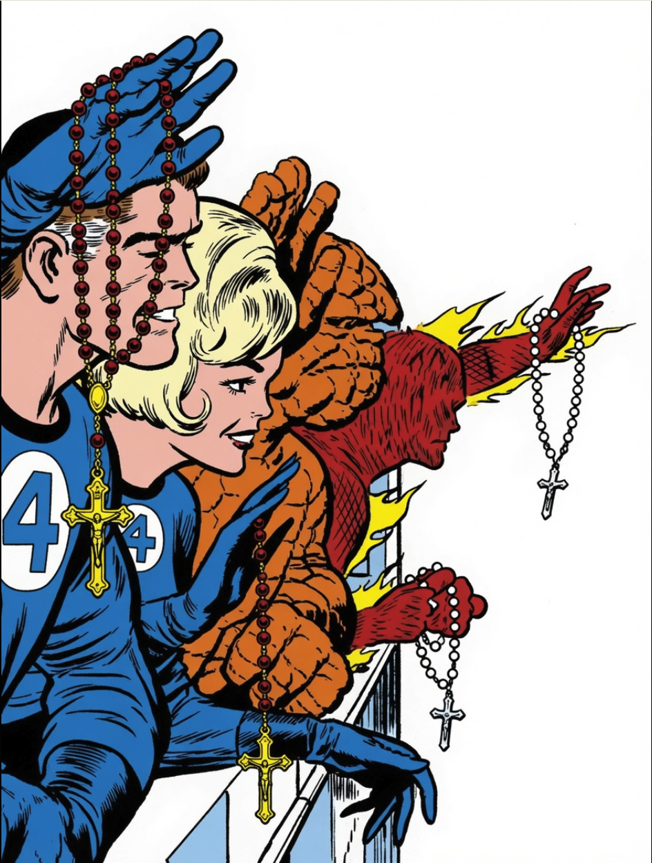 An illustration of four comic-book characters resembling the Fantastic Four in profile, each holding a rosary with a crucifix.