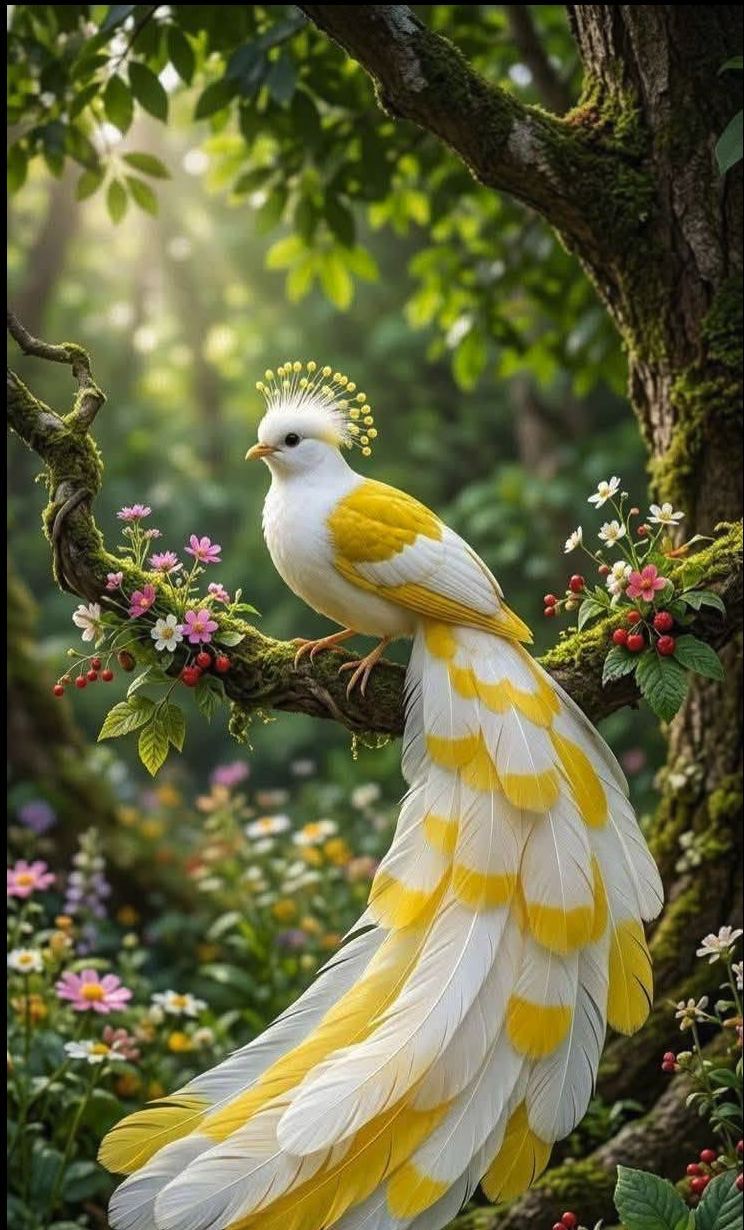 A fantastical white and yellow bird with a crown-like crest perched on a mossy branch among flowers.