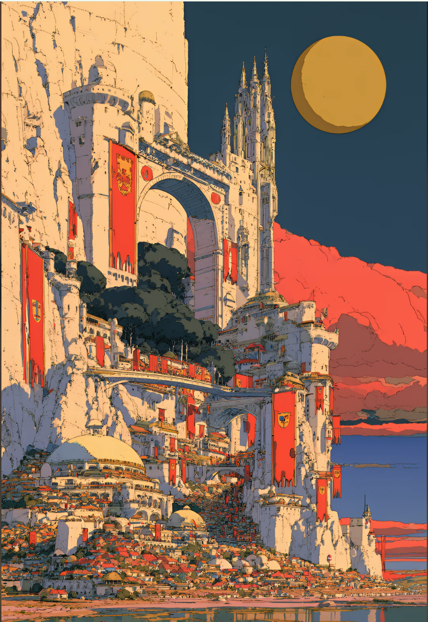 An AI-generated anime-style illustration of a massive white castle city built into a cliffside, with red banners, arched gateways, and a large pale moon against a red sky.