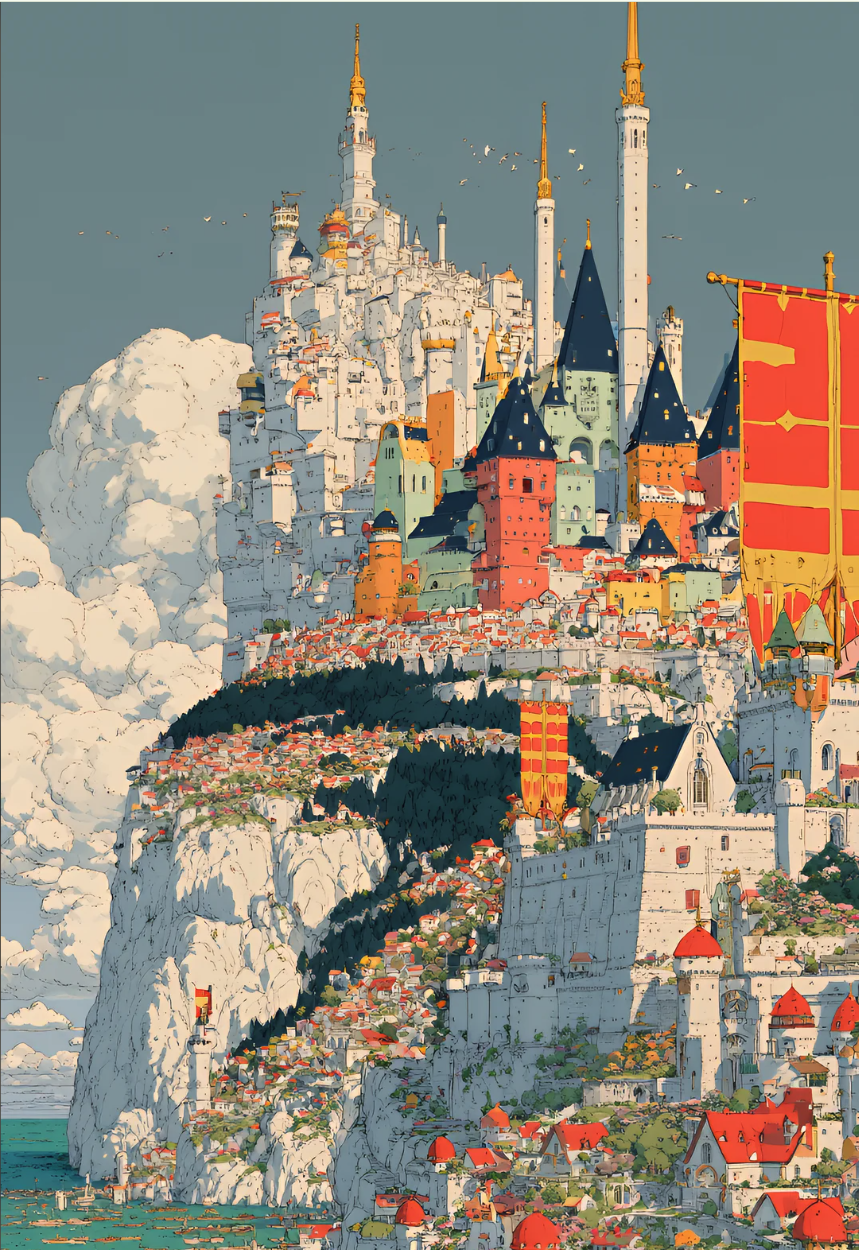 An illustration of a colorful fantasy castle city with spires, towers, and domes perched on a tall rocky cliff above the sea.