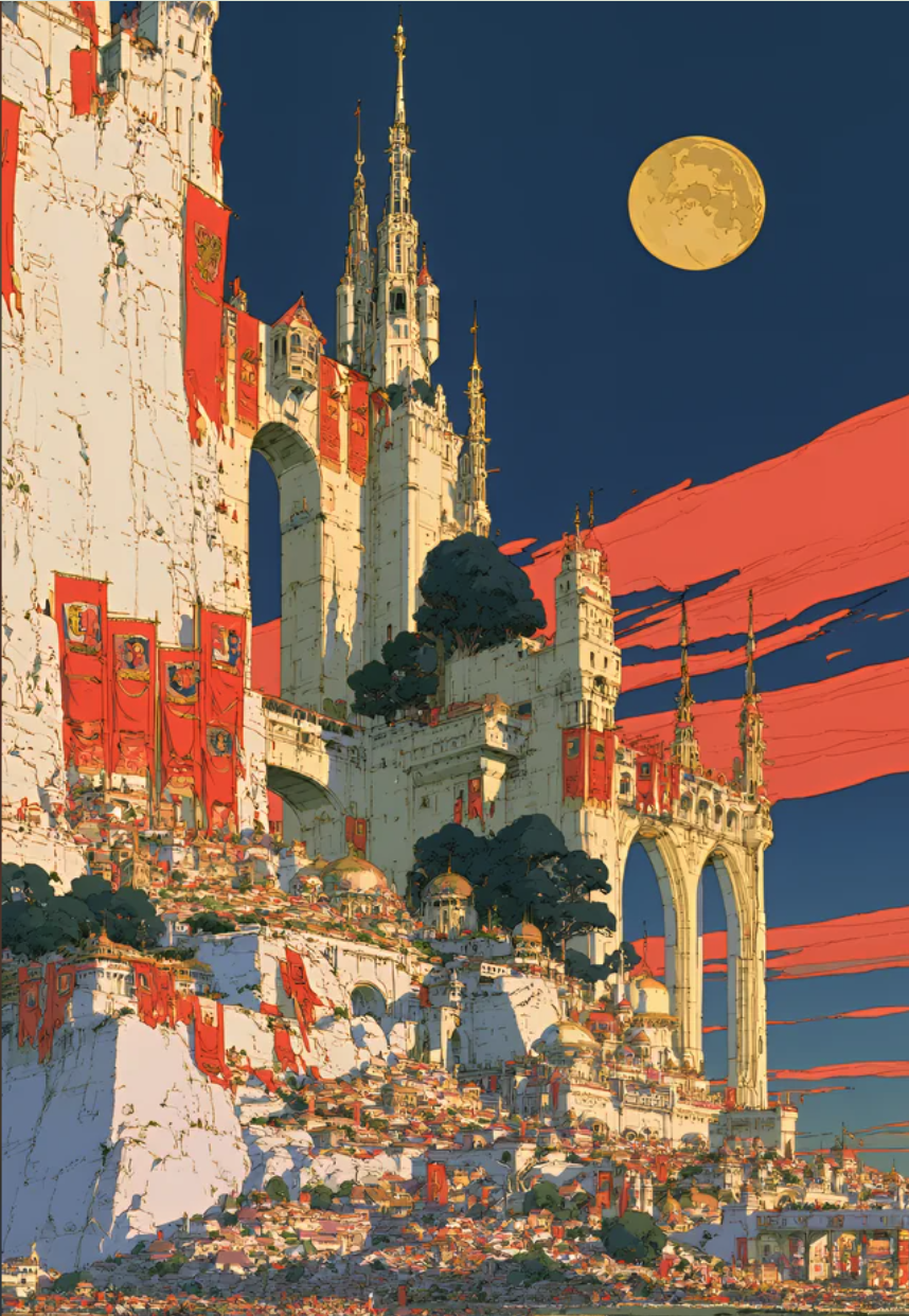 An illustration of a towering white fantasy castle draped with red banners, set against a dark sky with a large moon.