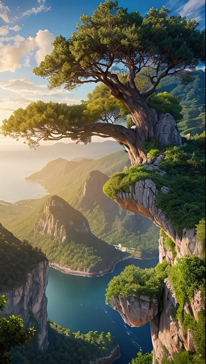 A large stylized bonsai-like tree perched on a rocky cliff overlooking a coastal fjord and green mountains.