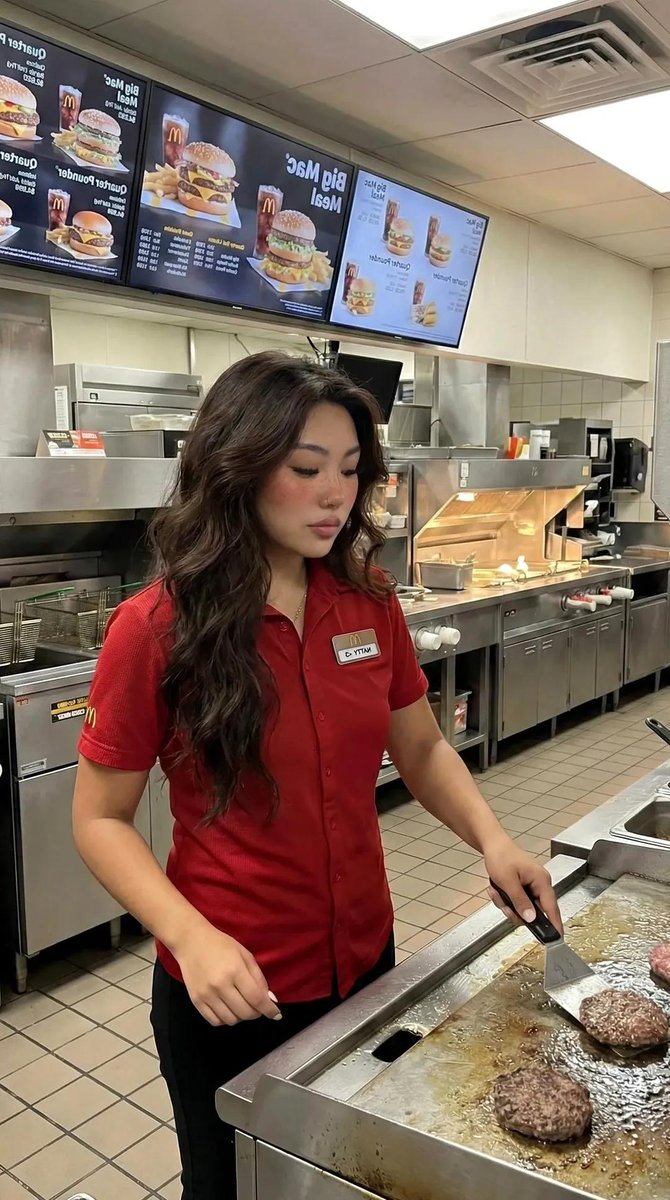 A woman in a red fast-food restaurant uniform working at a kitchen counter.