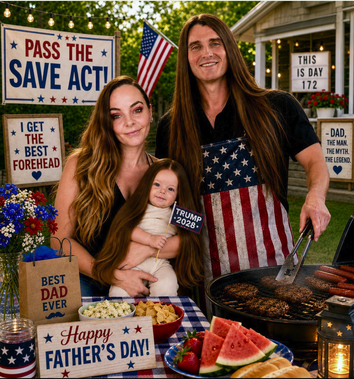 A woman, a long-haired man grilling, and a young child at a patriotic outdoor barbecue with political signs.
