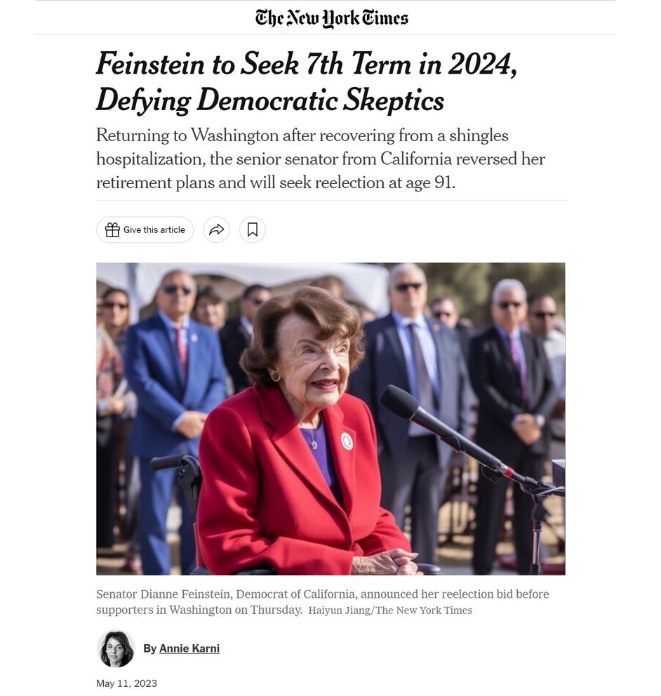 A screenshot of a New York Times article showing a woman resembling Dianne Feinstein speaking at a microphone.