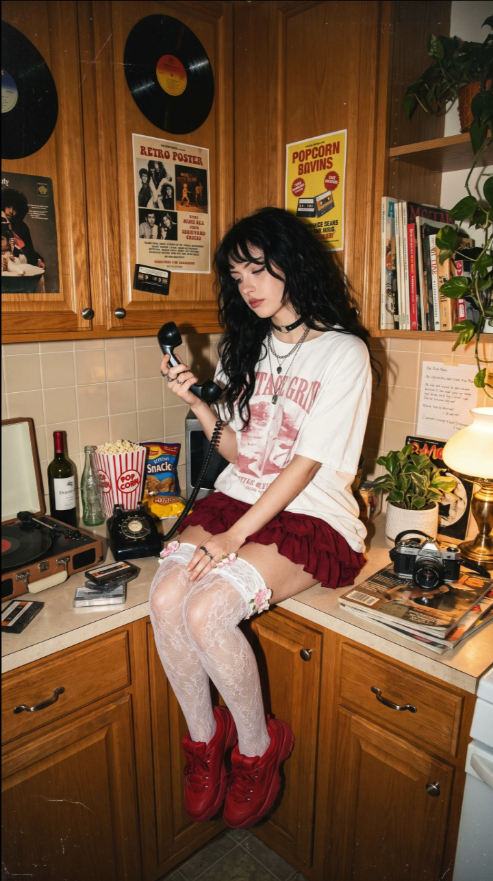 A woman seated on a wooden kitchen counter, holding a vintage black telephone receiver in a retro-styled room.