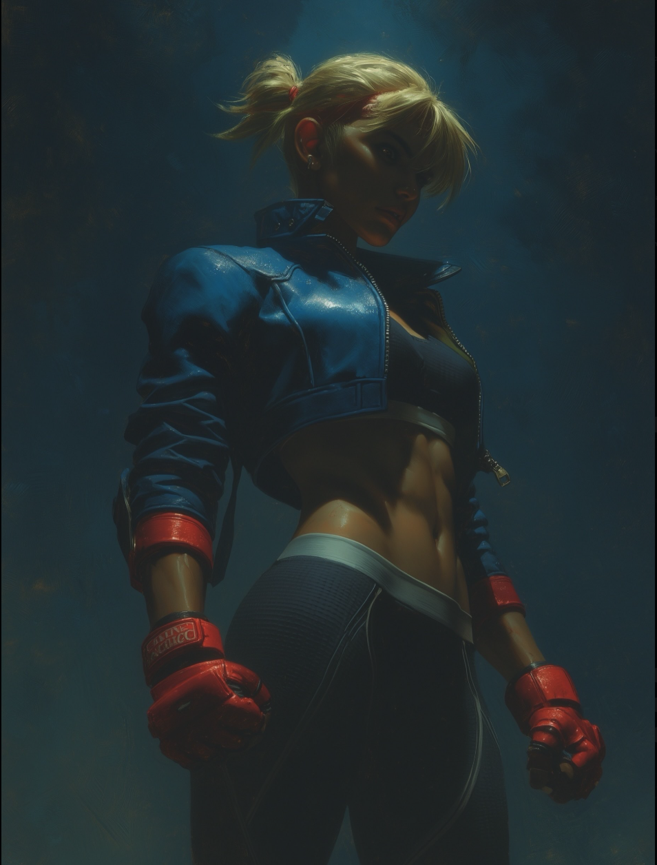 A blonde woman with a red headband wearing a blue cropped jacket and red boxing gloves in dramatic lighting.