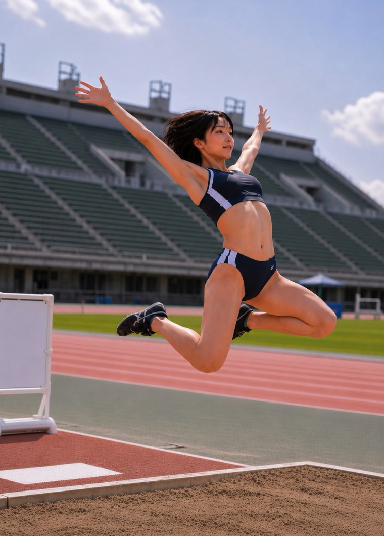 A woman in athletic wear mid-leap over a sand pit at a track and field stadium.