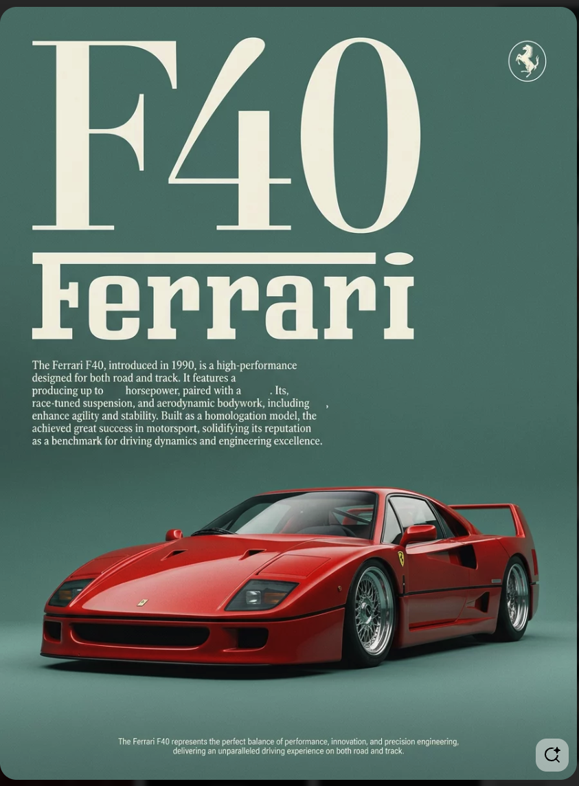 A red Ferrari F40 sports car against a green background, styled as a promotional poster with large 'F40 Ferrari' text.